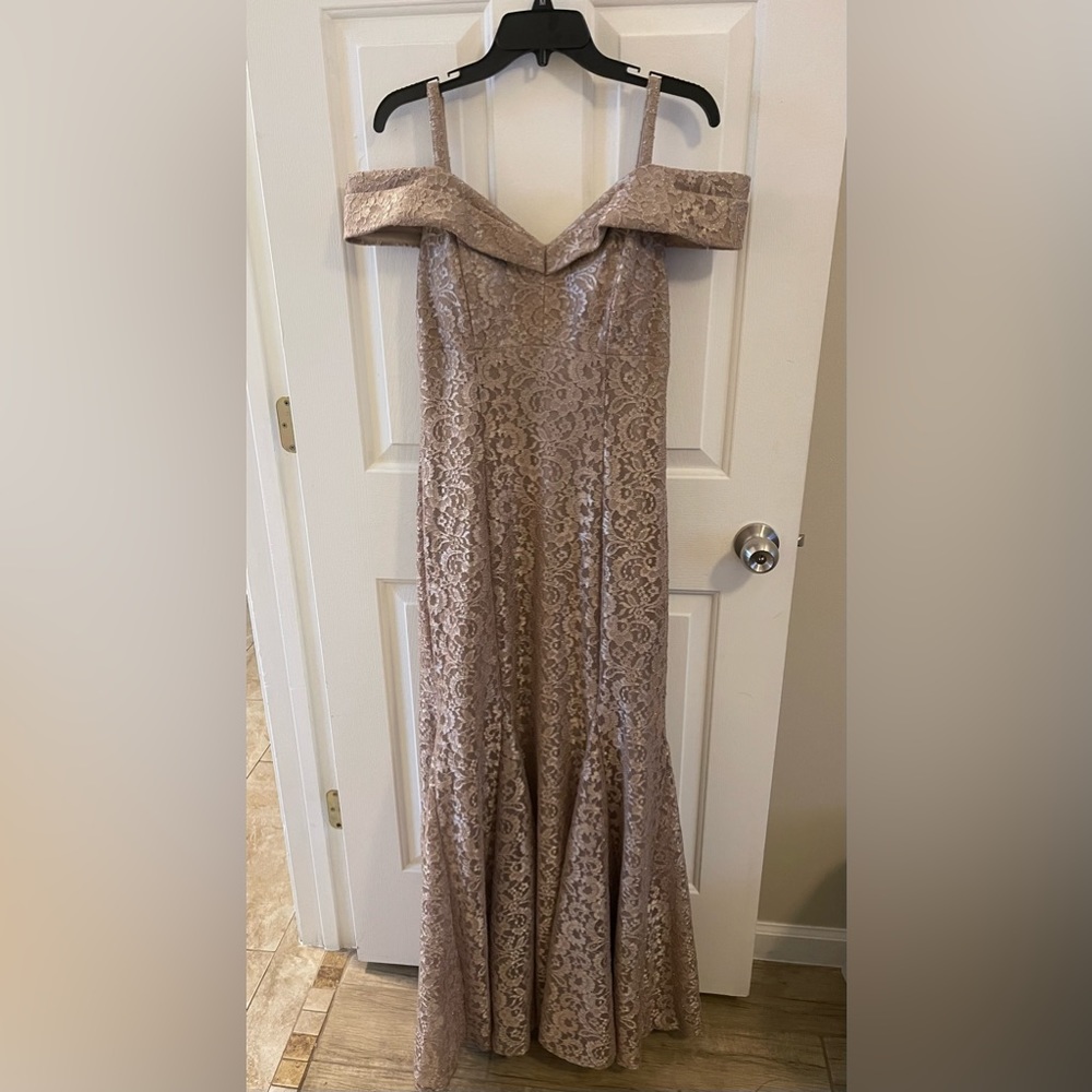 R&M Richard’s Women’s Size 10 Formal Tan/Gold Lace Gown